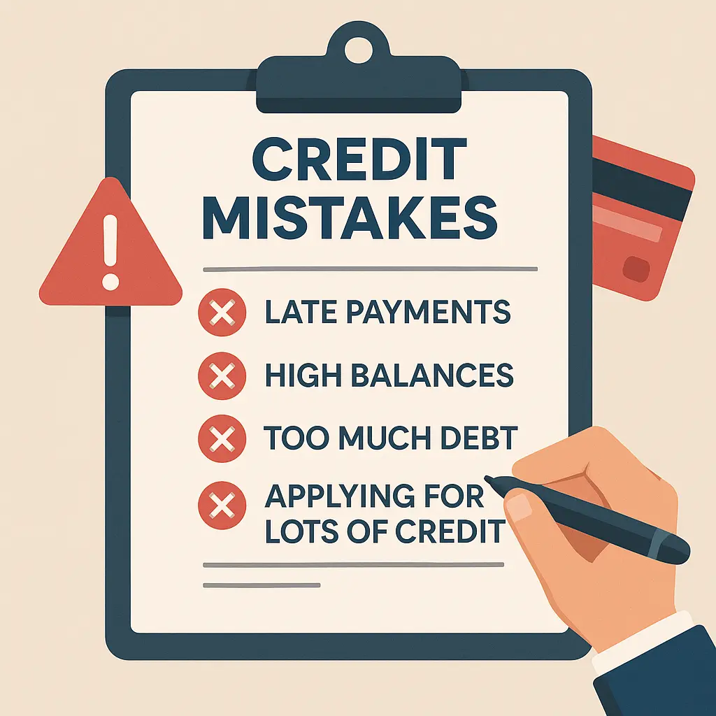 Clipboard with "Credit Mistakes" checklist