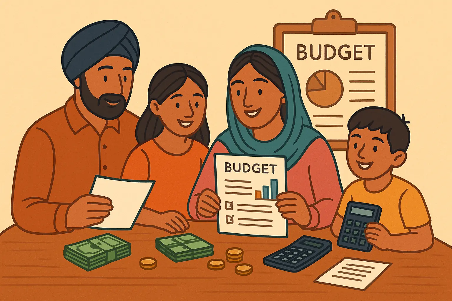 Family reviewing finances together